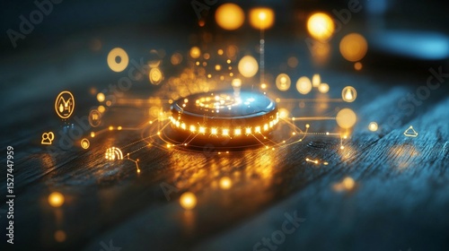 A glowing, circular device rests on a wooden surface, surrounded by digital light and symbols