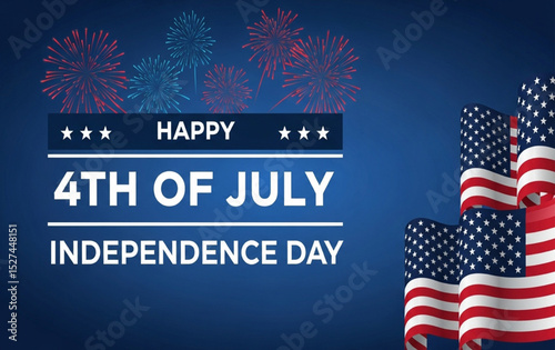 Happy 4th of July Independence Day with Fireworks and American Flags | Patriotic Celebration for Holiday Marketing, Event Invitations, and Social Media