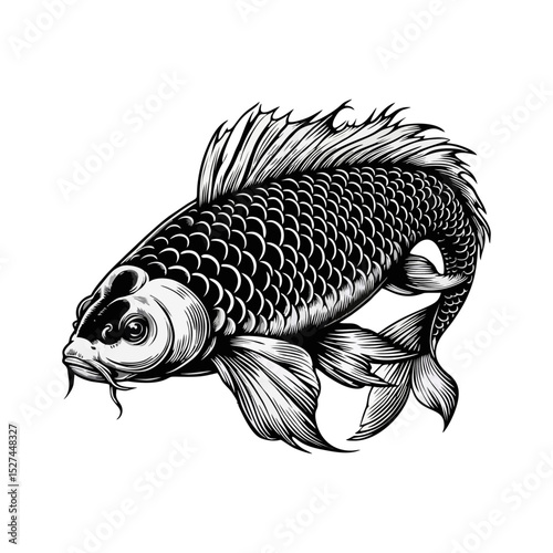 Koi fish engrave logo icon design black white design