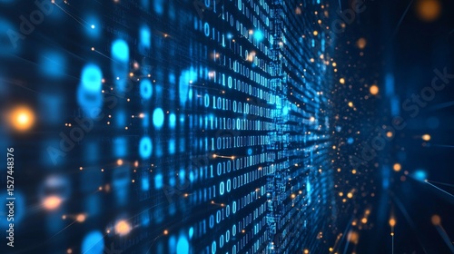 Abstract visualization of big data and binary code patterns representing cloud computing, data encryption, and secure information transmission on a blockchain network




