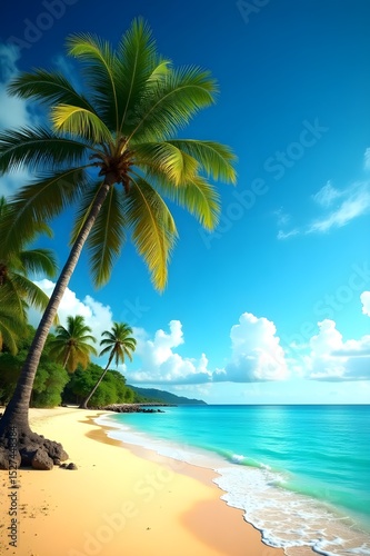 A beautiful beach with palm trees and a clear blue ocean. Scene is peaceful and relaxing. Summer Background. 
