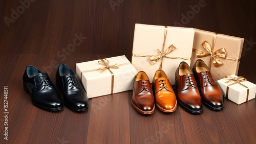 A row of shoes are displayed in boxes, with one box containing a pair of black shoes and the other containing a pair of brown shoes. Gift for Father's Day.