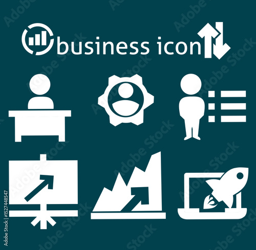 A modern and minimalistic set of business icons, perfect for illustrating online and offline business concepts. Includes symbols for growth, management, analytics, teamwork, and innovation. Ideal for 