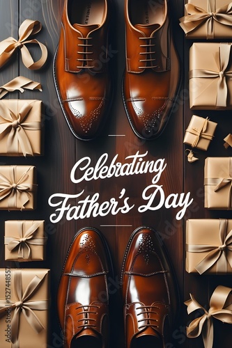 Set of shoes. A pair of brown shoes and a box of brown paper with the words Father's Day written on it. 
