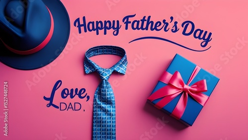 A blue hat and a blue tie are on a pink background. The hat is on the left side of the image and the tie is on the right side. The image is titled 