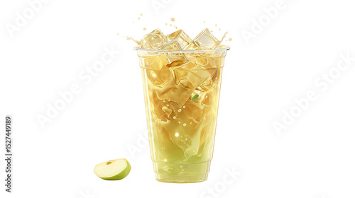 Refreshing iced apple juice drink in a plastic cup with ice cubes splashing and a slice of green apple cold food high cool glass tasty sweet fruit image crisp on transparent background
