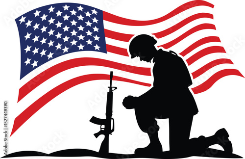Silhouette of a kneeling soldier praying with rifle before american flag