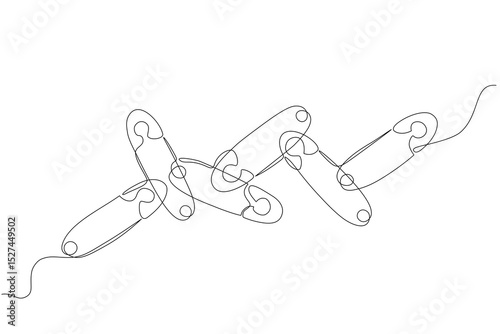 Continuous one line drawing of several interlinked brooch pins forming a flowing chain-like structure, illustrating creativity, balance, and simplicity in minimal line art. Vector, Editable stroke