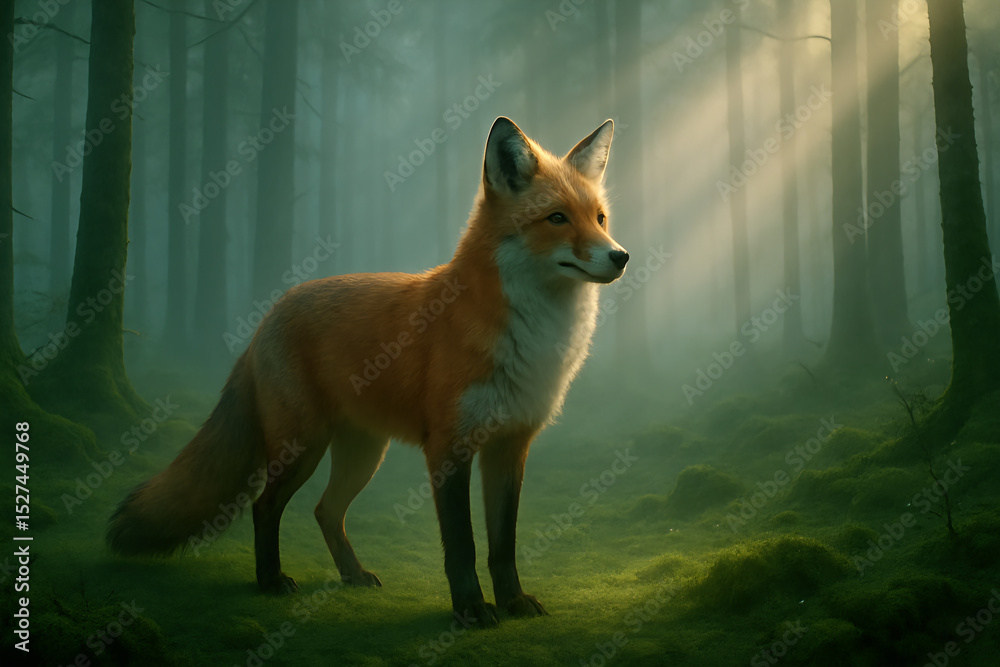 Obraz premium Red Fox Standing in Misty Forest with Sunbeams