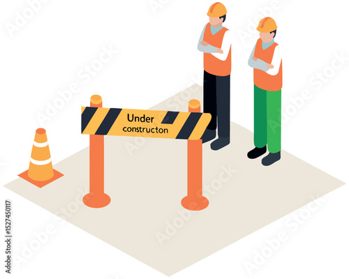 Isometric illustration shows construction crew placing a warning barrier on the road to secure an active site from pedestrian traffic.