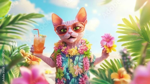Sphynx cat wearing hawaiian shirt and sunglasses holds a tropical drink and flower lei. Sunny summer holiday concept for beach or vacation related content.