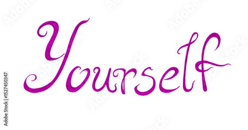 Lettering word Yourself. Purple color. Isolated on white background. Italic font, rounded lines, long swirling serif letters. Different shades of blue. Dynamic letters.