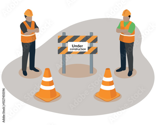 Isolated isometric construction scene with workers placing a safety barrier to alert pedestrians of an active construction zone on the road.