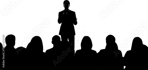A silhouetted figure of a performer stands on a stage, microphone in hand, addressing an audience