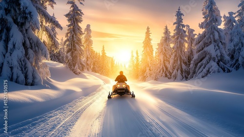 A snowmobile rider gliding through a serene, snow-covered landscape at sunset.