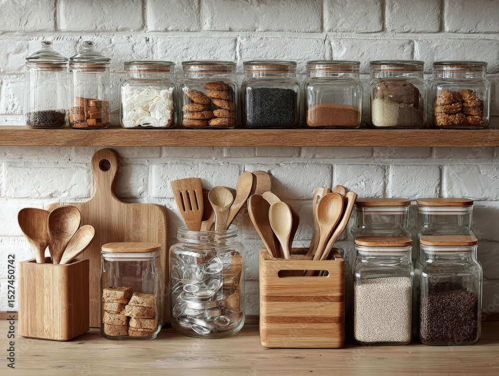 Fototapeta premium Immerse yourself in a sustainable kitchen setup, featuring reusable tools and clear glass jars