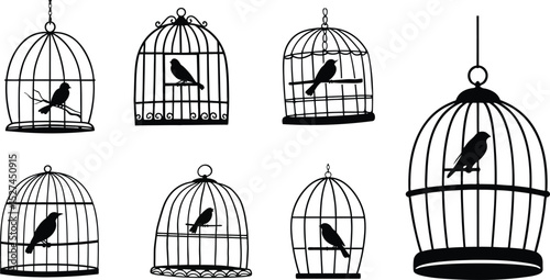Bird in Cage Silhouette Clipart, Black Vector Illustration.