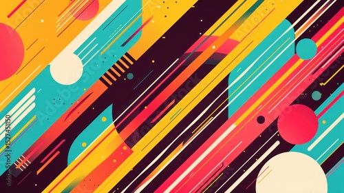 Dynamic geometric abstraction with vibrant hues and retro-futuristic feel
