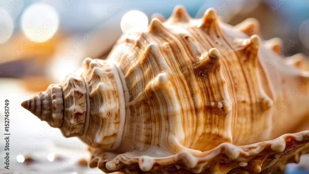 Close up on a textured seashell with intricate patterns and a natural color palette resting in shallow water by the beach