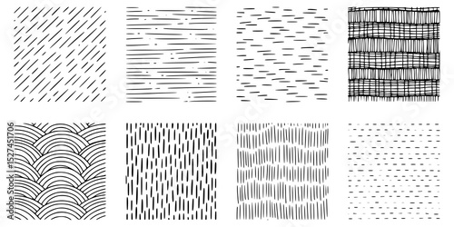 Black geometric ink drawing backgrounds with linear shapes. Sketched graphic elements for borders, surface designs. Transparent PNG version