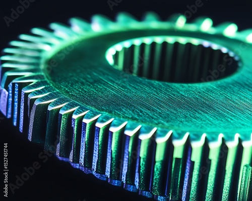 Green anodized gear teeth close-up with modern machining texture and gloss