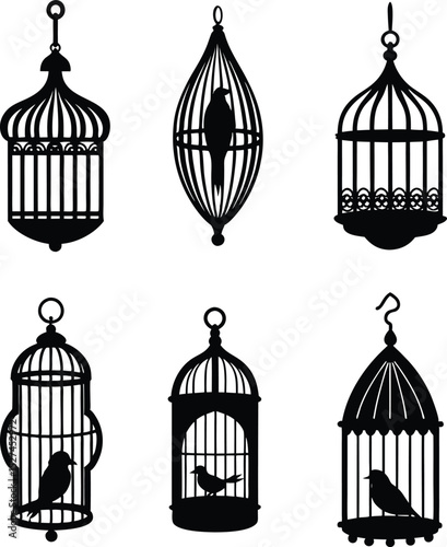 Bird in Cage Silhouette Clipart, Black Vector Illustration.