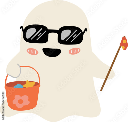 Cute ghost wearing sunglasses holding bucket and flag, enjoying summer travel with happy expression and playful vibe