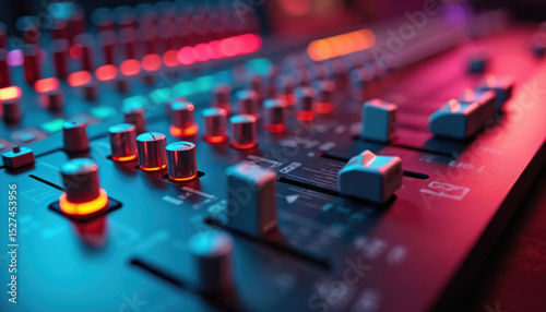 Close-up modern sound engineering desk with illuminated controls. Audio mixing device for music production, recording studio, electronic digital technology. Controls, sliders, knobs, faders create