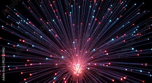 Glowing fiber optic strands bursting outwards.