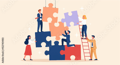 Team Collaborating to Assemble Oversized Jigsaw Puzzle – Flat Illustration of Problem Solving and Teamwork
