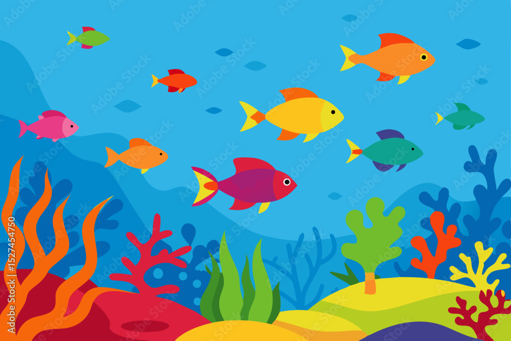 Naklejka premium Vibrant Underwater Scene Colorful Fish and Coral Reef Illustration