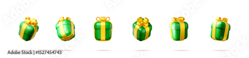 Set of green 3d gift box with golden ribbon bow. Collection of flying realistic present boxes for celebration and holiday.