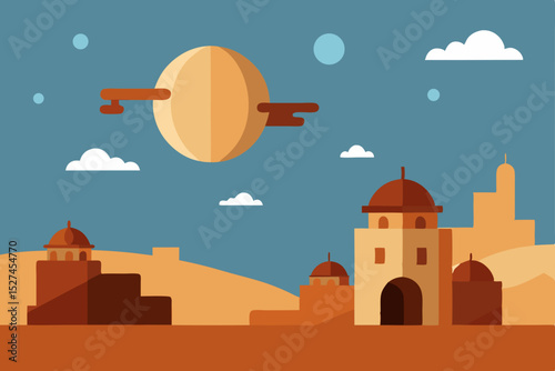 Desert Oasis A Flat Design Illustration of a Calm, Serene Desert Town Under a Giant Moon