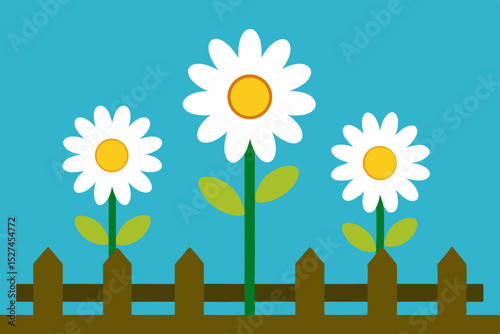 Charming Daisy Flowers in a Little Garden Fence A Delightful Springtime Illustration