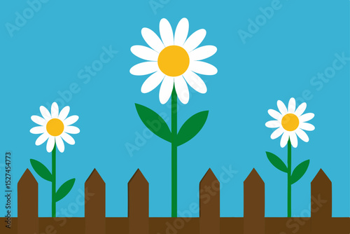 Charming Daisies Blooming Behind a Rustic Wooden Fence A Simple Garden Illustration