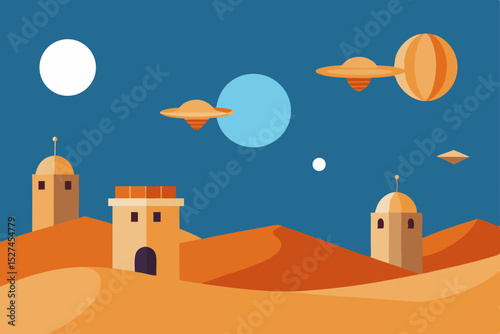 Alien Desert Landscape Futuristic Dune City Underneath a Mystical Sky