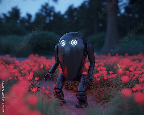 A small black robot is observed amidst glowing red flowers at night.