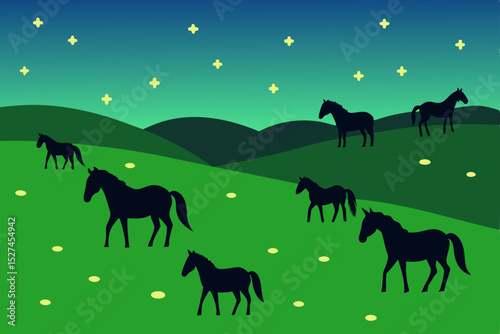 Nighttime Serenity Horses Grazing under a Starlit Sky
