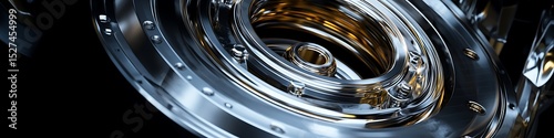 High-detail titanium engine component with metallic reflections on black background