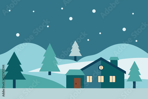 Cozy Winter Night Snow-Covered House in a Serene Landscape Illustration