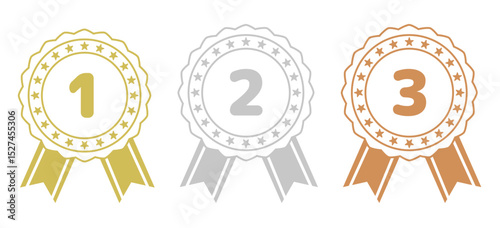 シンプルなメダルアイコン 線画 リボン付き 金銀銅　(ベクター素材)