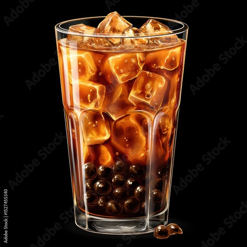 Iced boba tea with brown sugar pearls and ice in a clear plastic cup for a sweet refreshment.