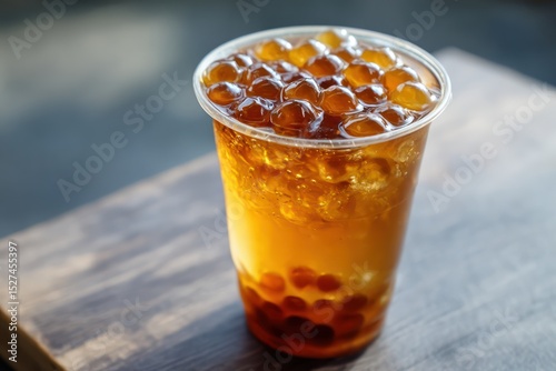 Iced bubble tea with honey pearls served in a sleek, minimalist clear cup, perfect for sipping.