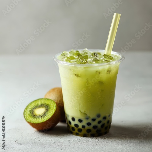 Clear cup of iced kiwi bubble tea with a simple setup, perfect for a refreshing drink.