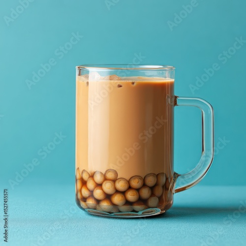 Clear plastic cup filled with iced coconut milk tea and pearls, providing a refreshing taste.