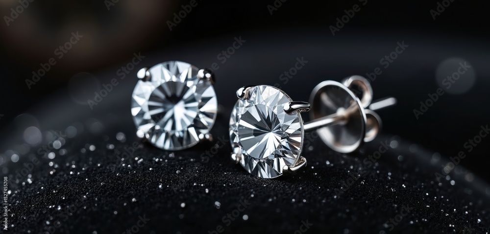 Fototapeta premium Elegant diamond stud earrings displayed on black velvet background. Stunning earrings, round brilliant cut diamonds, white gold setting. Jewelry detail, luxury, fashion, bridal gift. Product