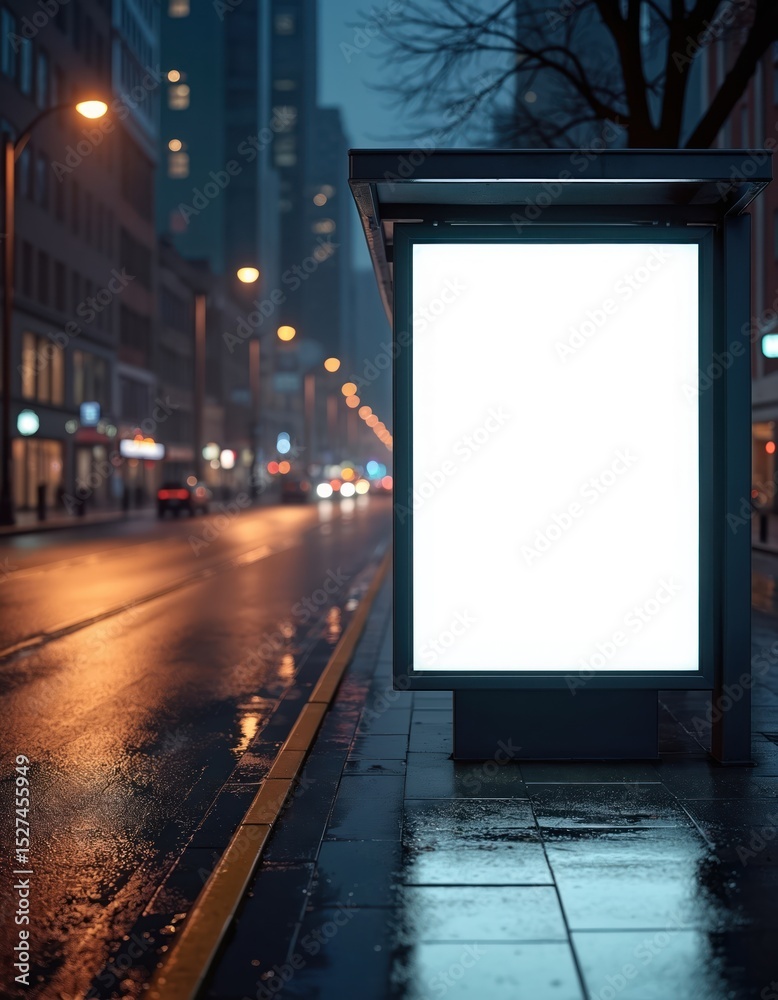custom made wallpaper toronto digitalBlank white vertical billboard on the night city bus stop. Empty display for advertising. Wet street reflections, night lights. Mockup template for marketing, promo, branding, product presentation.