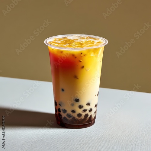 Iced passion fruit milk tea in a minimalist plastic cup, offering a refreshing, tangy taste.