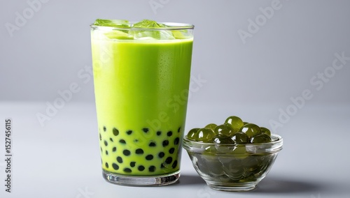 Iced matcha tea with boba pearls, perfect for a refreshing visual with clear background.
