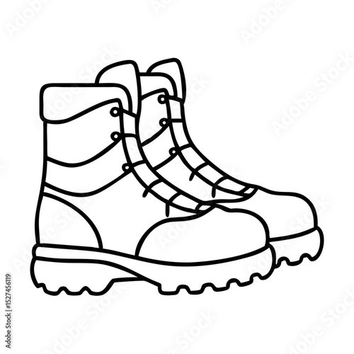 hiking boots icon line art vector illustration.Durable Hiking Boots Ready for Adventure.A simple, black and white line art illustration of a pair of hiking boots.